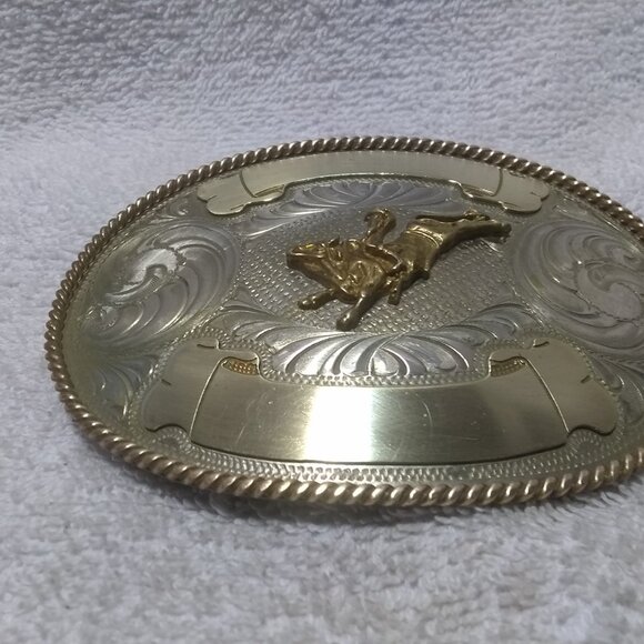 Montana Silversmiths Buckle Bull Rider Dual Gold Banners Nickel Great Vintage 2 - Picture 5 of 11